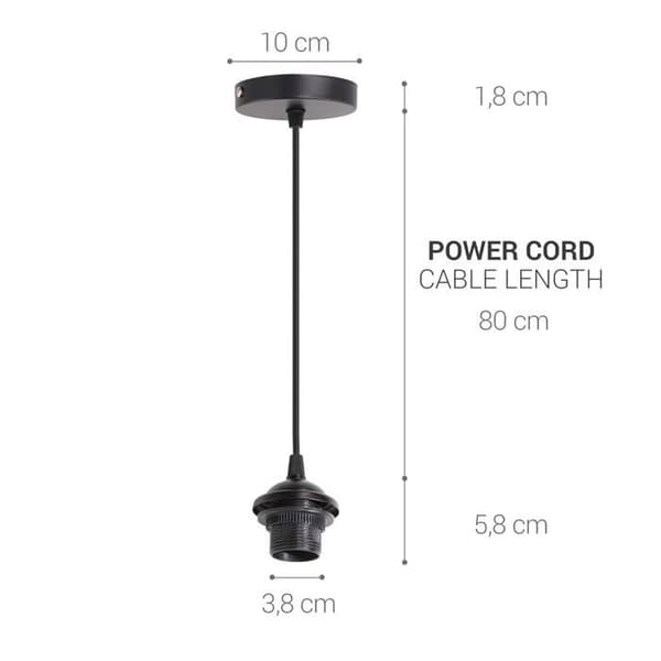 2x elkabel til lampe - Kabel med E27 fatning og fastgørelsesring - Ophængsbeslag til loftslampe - Sort