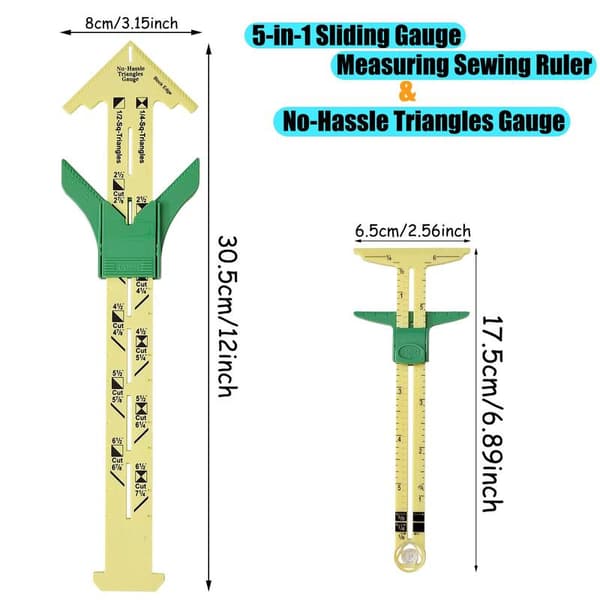 Practical 5-in-1 Sliding Gauge and Hassle-Free Triangular Sewing Tools, T-Shaped Hem Seam for Sewing and Quilting. 2 Different Sizes