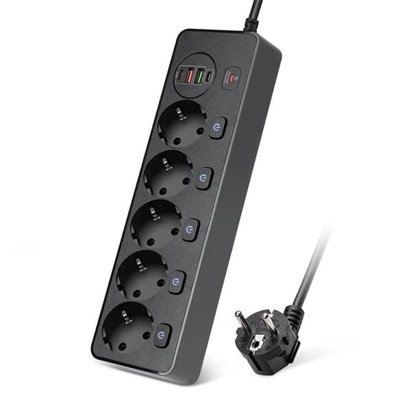 Multi-head Extension Cable with 4 Fast Charging USB Sockets (Black)