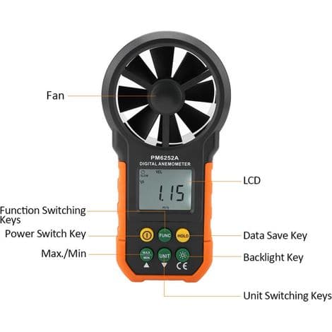 PM6252A Bærbart Digitalt Anemometer – Måler Luftstrøm og Vindhastighed – Baggrundsbelyst LCD-display – 9V Strømforsyning