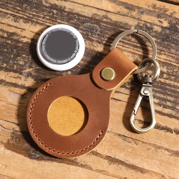 Premium Leather AirTag Case with Keychain Ring - Brown