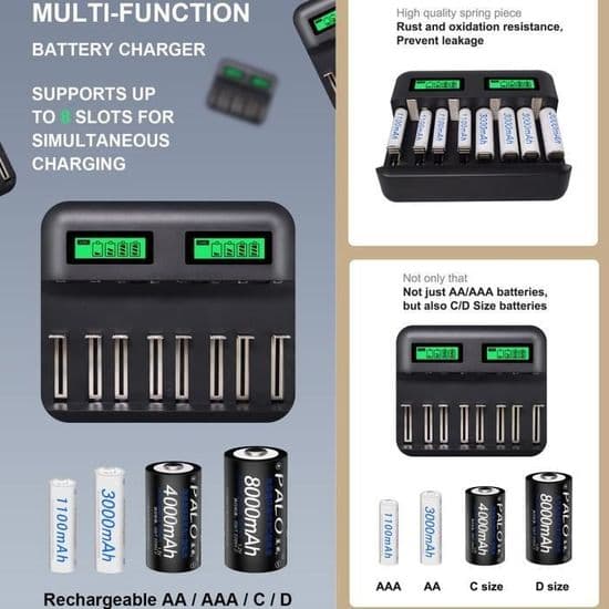8-slots AA/AAA/C/D Genopladelig Batterioplader, Multifunktionel Smart USB Batterioplader med LCD-display