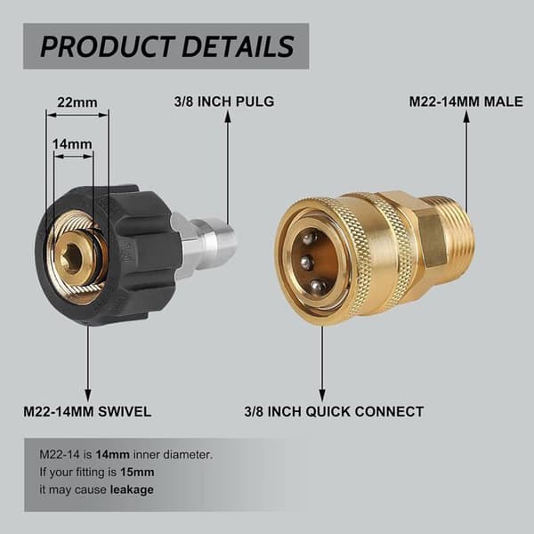 Højtryksrenseradaptere, messingfittings M22-14, lynkobling 3/8\" 1/2\"
