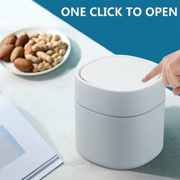 2L Portable Mini Desktop Trash Can with Press Lid for Desk, White