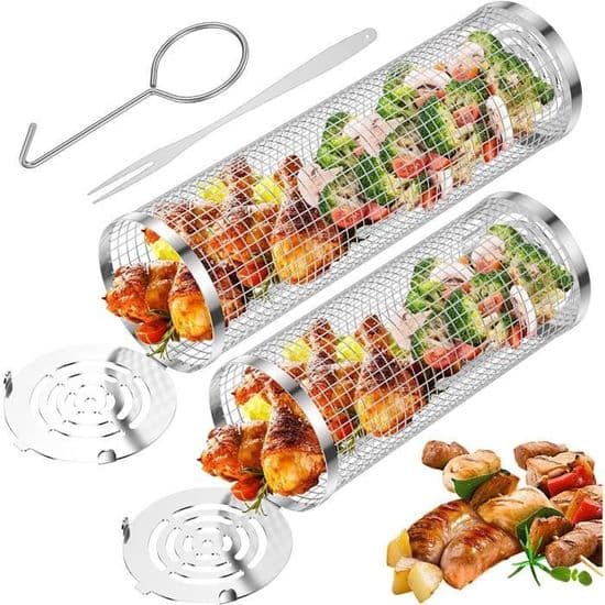 Grillkurv i rustfrit stål - Sæt med 2 - Til grillning af grøntsager, fisk og kød - Sølvgrill