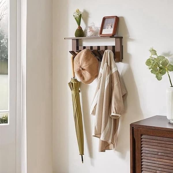Wall-mounted coat rack with shelves and retractable hooks - Walnut wood