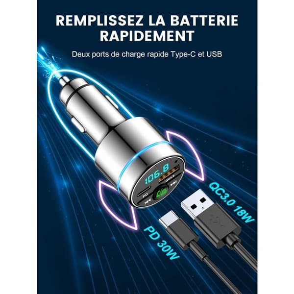 Bluetooth FM-sender Bluetooth 5.3 - PD 30W Type-C - QC3.0 18W - Helt i metal