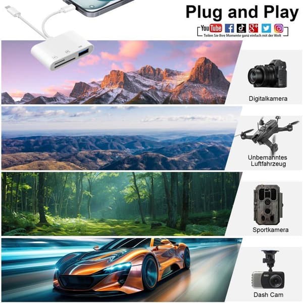 SD-kortläsare för iPhone, Lightning USB C SD-kortadapter för SD/Micro SD/USB, SD-adapter för iPhone 16/15, iPad