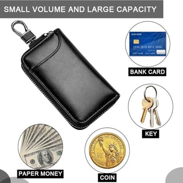 Multifunctional Faux Leather Key Pouch with 3 Compartments and 6 Hooks - Black