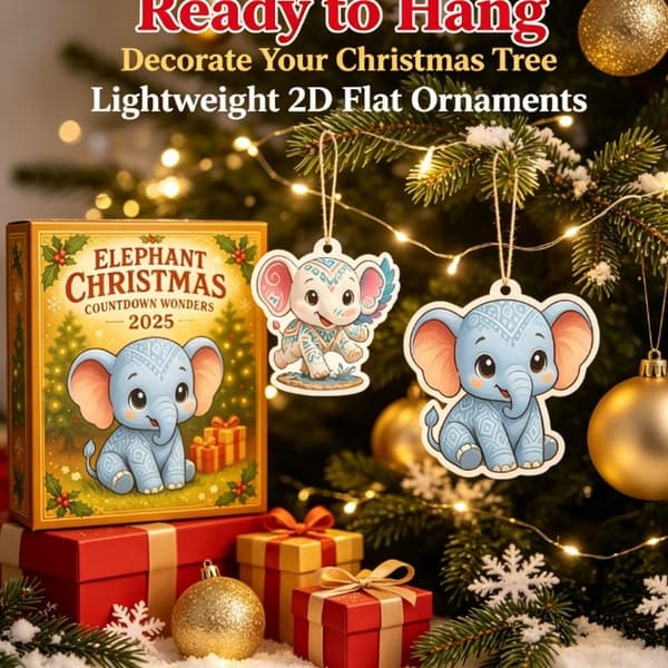 Elefant Julekalender 2026, 24-dagers nedtelling til jul med 2D flate elefant-hengepynt