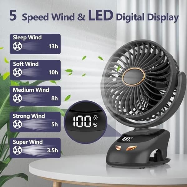 Mini USB Bærbar Bordventilator - 5 Hastigheder - LED Display - Lydløs Sort