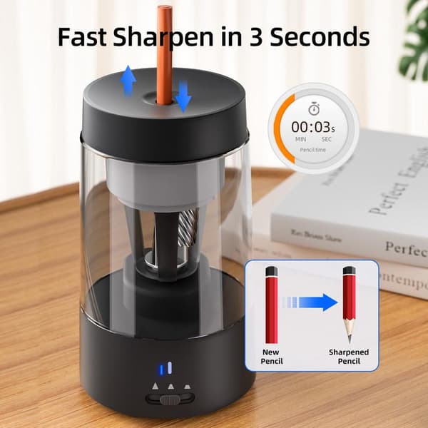 Pencil Sharpener - Automatic Pencil Sharpener - Electric Pencil Sharpener - Pencil Sharpener with Collection Tray - Robust and Rechargeable Pen