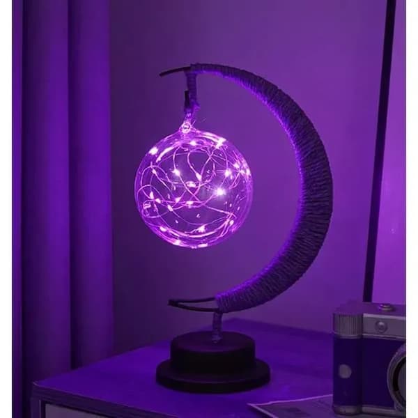 Lampe - Måne - LED Månelampe - Krakeleret Glas - Lilla - Indendørs