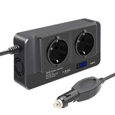 200W bilstrømomformer, 12V til 220V spenningsomformer med smart LCD-tidsvisning, 2 uttak og 4 ladere