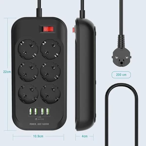 6-veis USB-strømskinne - 4 USB-porter - Overspenningsvern