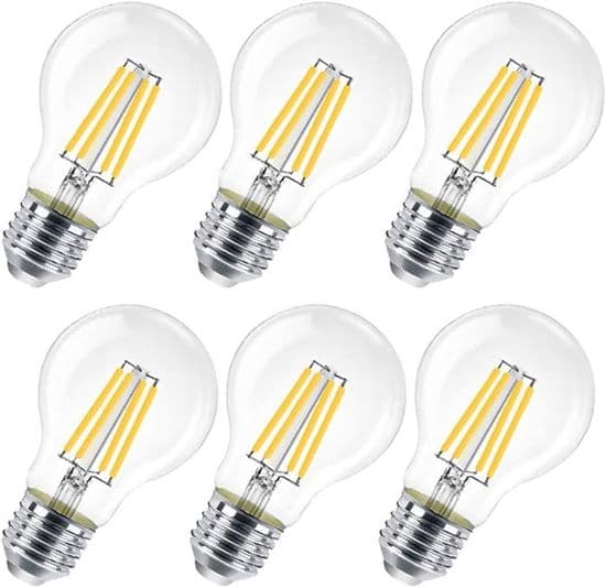Förpackning med 6 E27 LED-lampor, 8W (motsvarande 80W), klar, ej dimbar, varmvit 3000K, modell A60