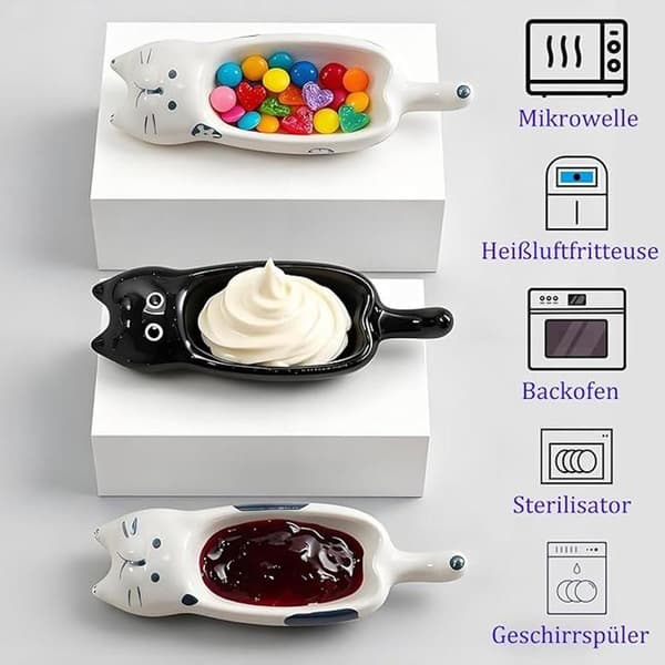 Set med 3 keramiska dippskålar med kattformad design, stapelbara för såser och snacks