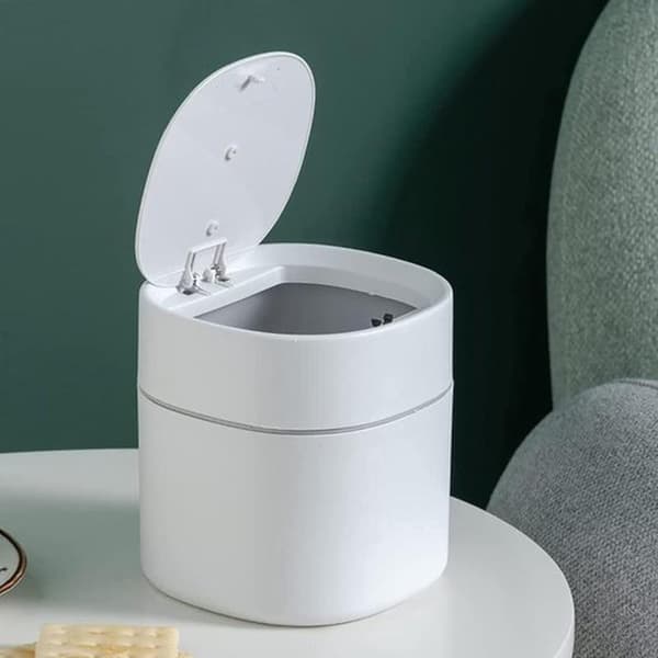 2L Portable Mini Desktop Trash Can with Press Lid for Desk, White