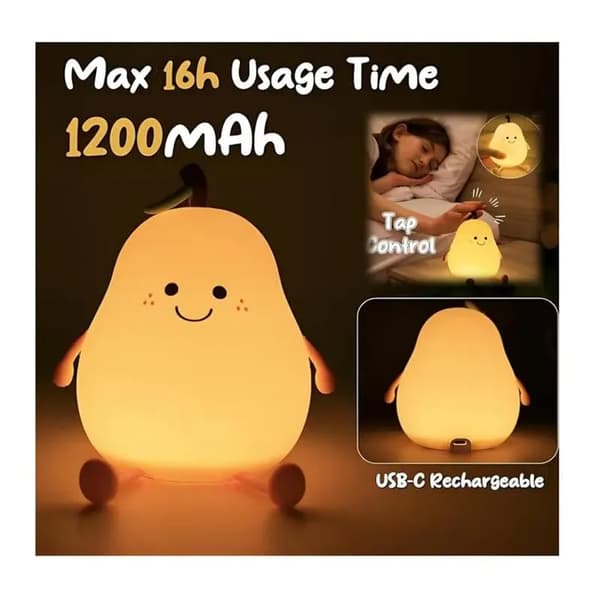 Pæreformet LED-nattlys, USB oppladbart, for soverom, varmhvitt og 7 farger. Gave til barn, jenter og gutter.