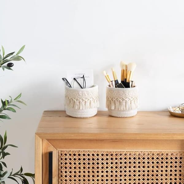 Mini Woven Makeup Brush Holder and Cup Set (2 Pieces) - Decorative Bohemian Style Pencil Case