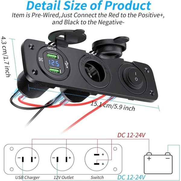 3-i-1 12V ladeportpanel med dobbel USB QC3.0 og belyst bryter