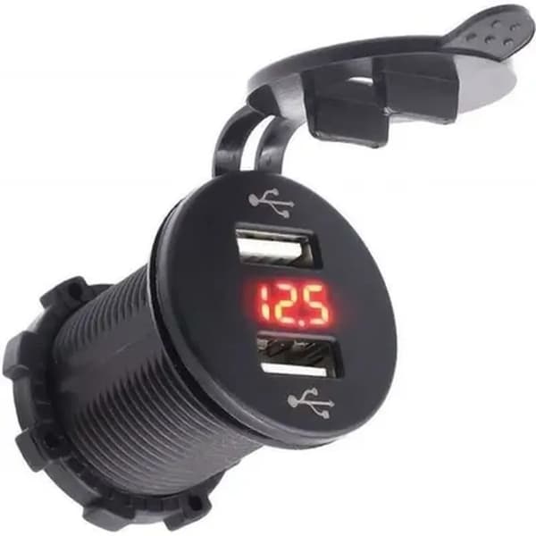 4. 2A 2-portars USB billaddare med 12V voltmeter för båt (röd)