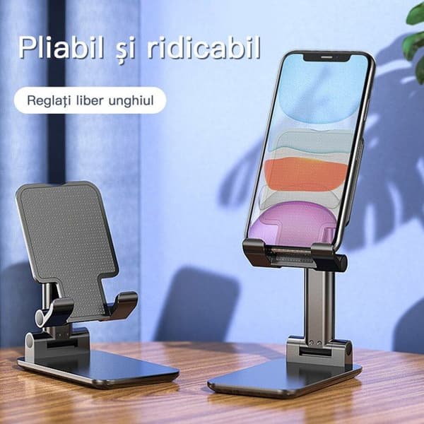Telefon-/tabletstander, ABS/silikone, højdejusterbar, foldbar, 110x110x65mm, sort