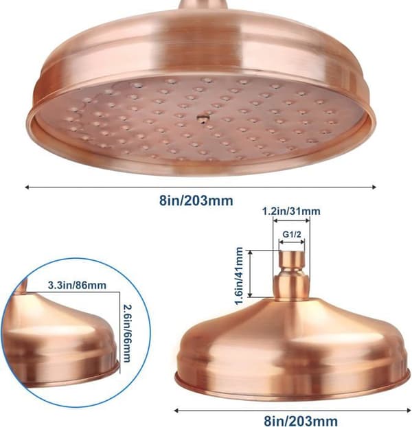 Retro brusehoved, 20 cm (8 tommer) diameter, fast højtryksbrusehoved, regnbruserhoved (rosaguld)