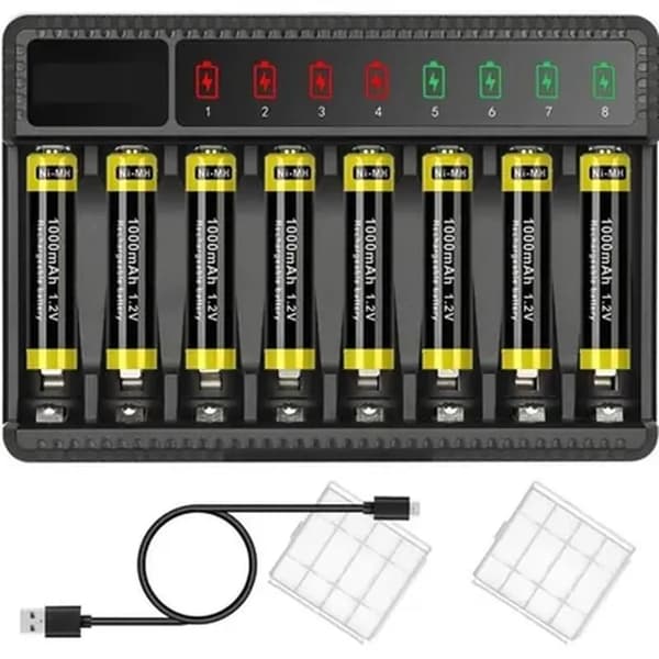 Smart oplader til NiMH AA/AAA-batterier - 8 pladser, DC5V, 620mA output