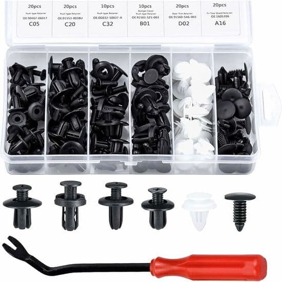 100-styks plastiknitter - Universal - 6 størrelser - Sort og hvid opbevaringsboks