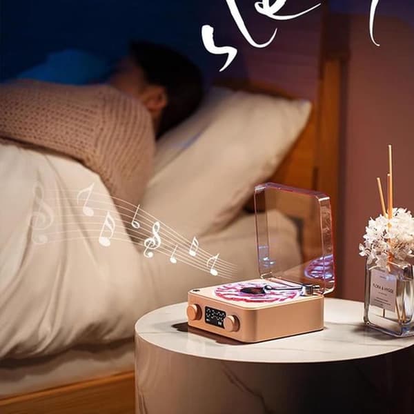 Vinyylilevysoitin, Bluetooth-kaiutin, kannettava retro valolla, vaaleanpunainen