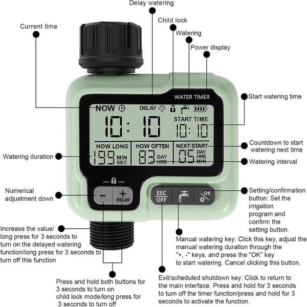 Automatic/Manual Watering Timer - Garden Irrigation Timer - Connect Faucet Timer with Child Lock Mode/Rain Delay/IPX5 Waterproof/LCD Screen