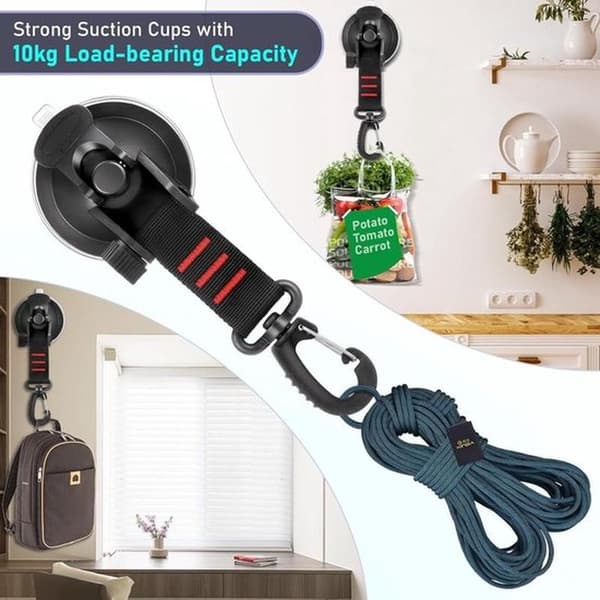 Suction Cup with Hook - 4-Piece Multifunctional Camping Suction Cup Hook Set - 360° Rotating D-Ring - Powerful Vacuum Suction Cup - S-Hook