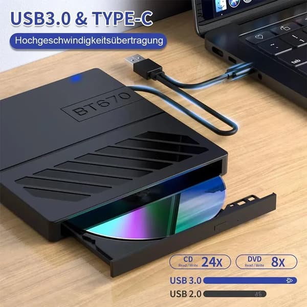 External CD Drive, 7-in-1 USB Burner, Portable Ultra-Slim CD Player and Burner, Plug and Play, Compatible with Laptops, PC, and Mac.