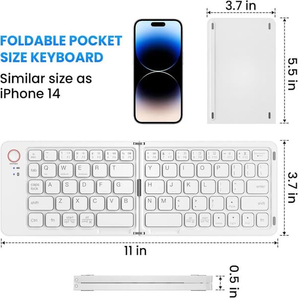 Mini vikbart Bluetooth-tangentbord – bärbart, Mac, iPad, Android, Windows och iOS (vitt), ultratunt aluminium, resevänligt för iPhone