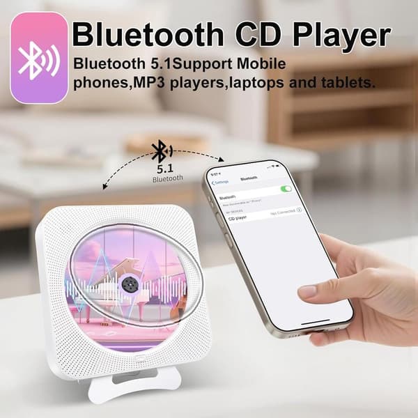 Portable CD Player, Rechargeable, Portable, 2000Mah, Pink, For Home Use, Portable CD Player with Bluetooth 5.3 Transmitter