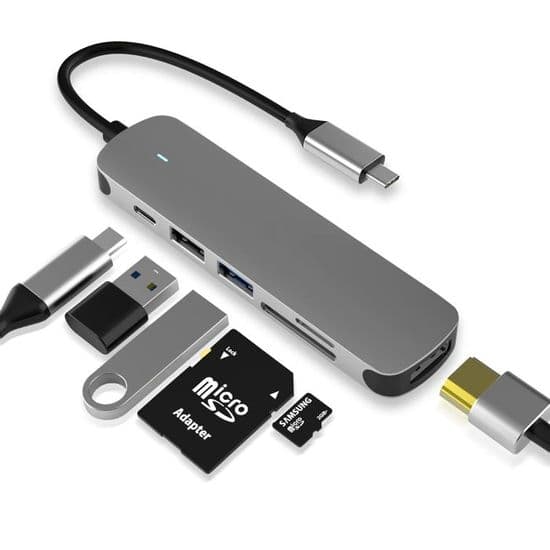 USB-C hub, 6-i-1 USB-C adapter med USB 3.0-forbindelse, kompatibel med MacBook Pro/Air laptops