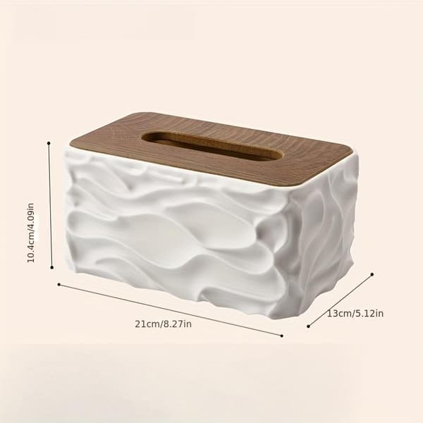 Large Capacity Desktop Tissue Box with Thickened Wooden Lid and Corrugated Design (Off-White)