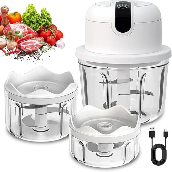 Mini USB Rechargeable Electric Chopper - 350ml Capacity (Three Cups), Cordless Vegetable Chopper - For Chopping Garlic, Fruit, Meat, Vegetables