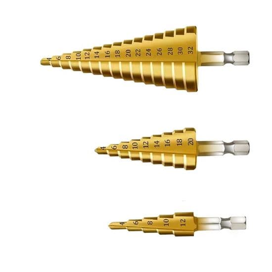 3 STK Trinborebitssæt, Konisk Trekant Titanium Borebit, 4-12/20/32 mm, HSS Rustfrit Stål, Til Boring i Stål
