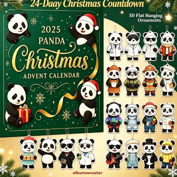 Panda julekalender 2026, 24-dagers nedtelling til jul med 2D flate panda-hengepynt