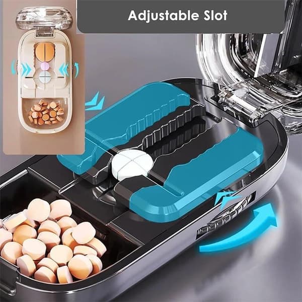 Pill Splitter - Adjustable Pill Tray - Pill Box - Pill Dispenser - Pill Cutter - 1/2 & 1/4 Divisions - Pill Box for Cutting and Storage - White