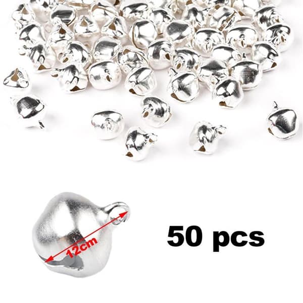 Sæt med 50 mini metal juleklokker til julepynt, hjem, fest, DIY, 12 mm (sølv)