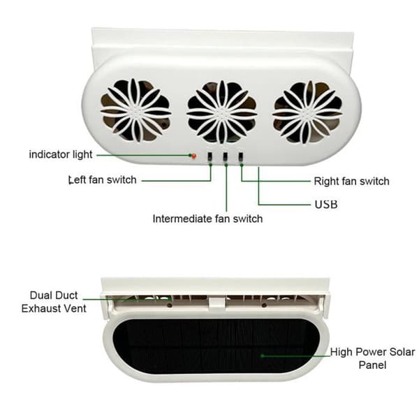 Biludstødningsventilator, 3 solcelledrevne USB-ventilatorer