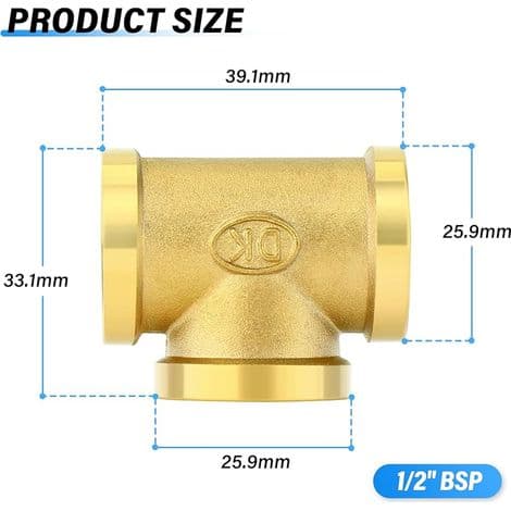 2 stk. messing T-fittings, 1/2\" x 1/2\" x 1/2\" BSP hunrørfittings