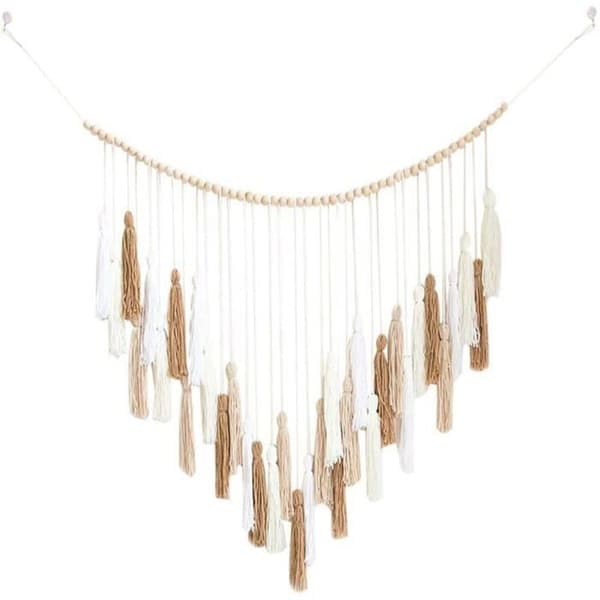 Stor Makrame Vegghenging 39 x 43 tommer Vevd Boho Teppe Hvit Beige Makrame Veggdekor med Perle