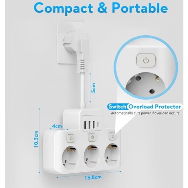 3-veis strømskinne - 4 USB-porter - 4000W - Individuell bryter