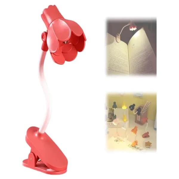 Søt pastellblomstformet leselampe, mini blomstformet leselampe for lesing i sengen, klipslamper (rød)
