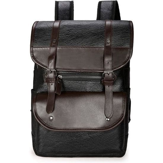 Rygsæk i læder til mænd, stor laptoptaske, patchwork, sort