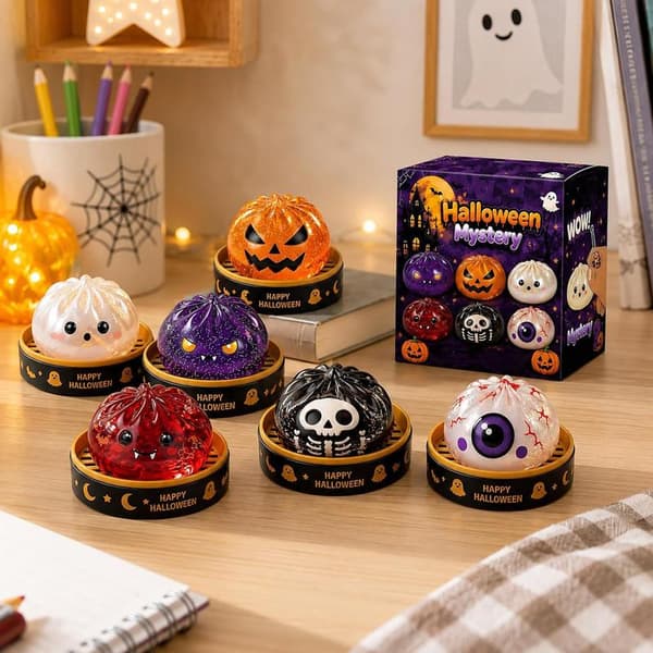 Halloween Ghost Dumpling TPR Squishy Stress Relief Toy, Single Pack with Steamer Storage Box Little Demon Red